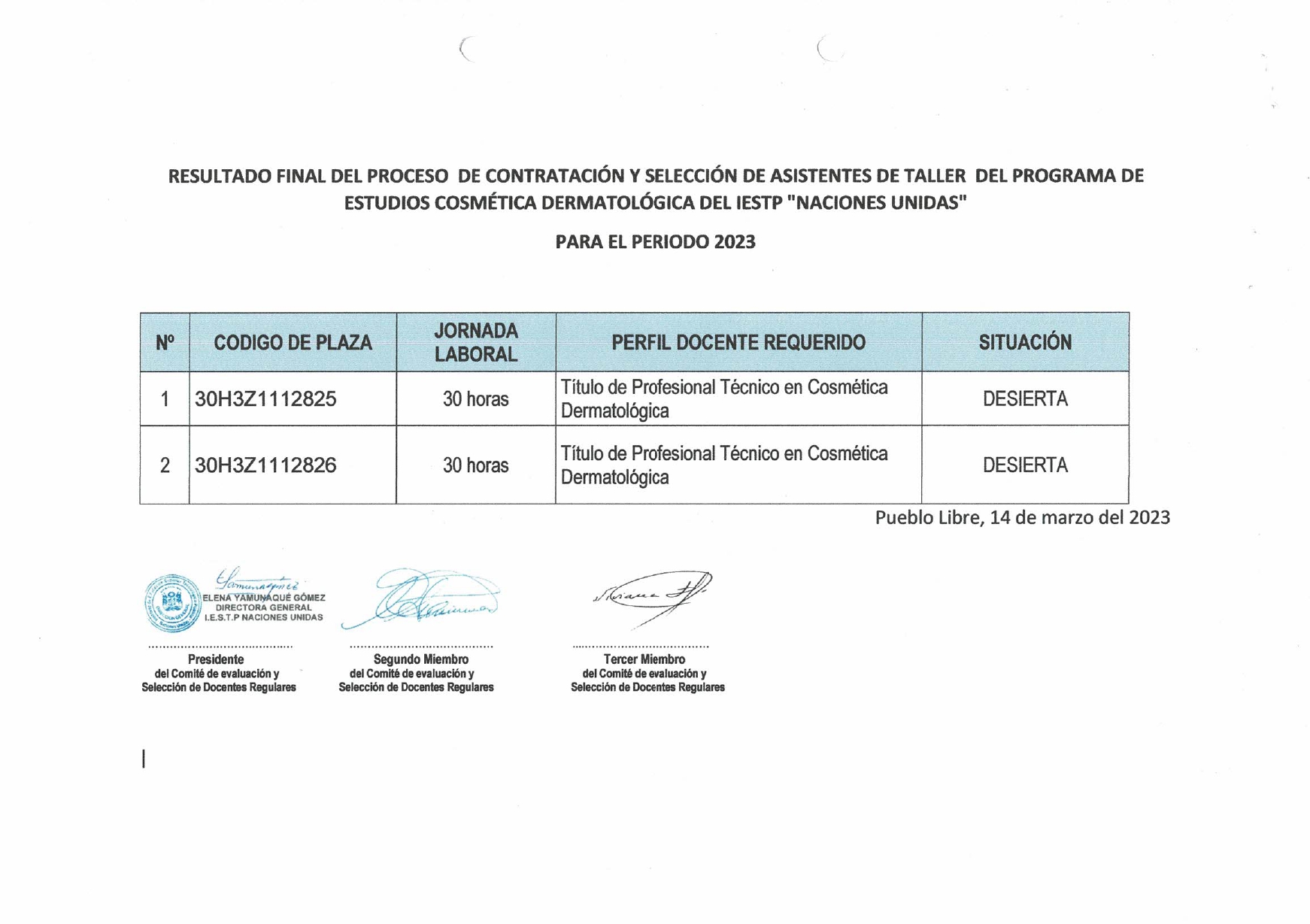 RESULTADO FINAL DEL PROCESO DE CONTRATACIÓN DE ASISTENTES DE TALLER